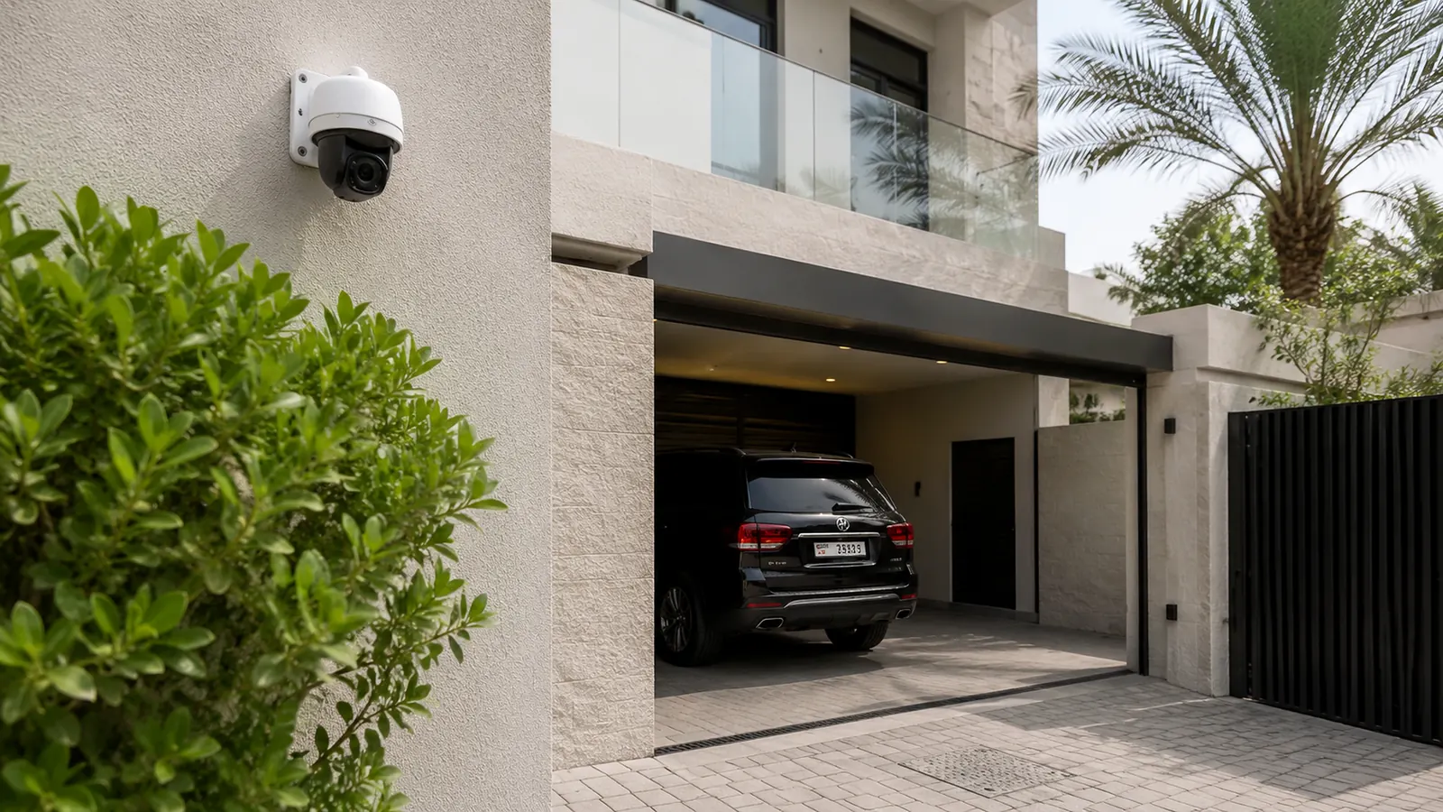 CCTV camera positioned beside the main entrance of a modern villa