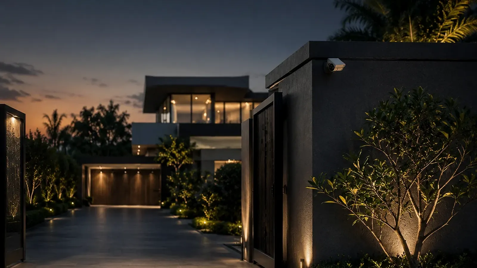 Modern villa driveway with an outdoor CCTV camera covering the entrance
